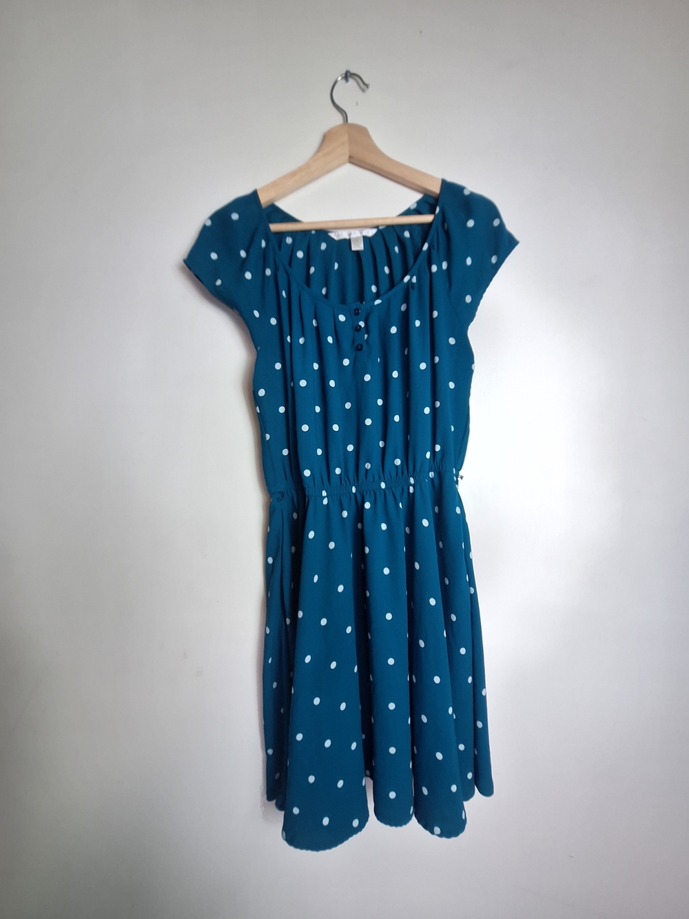 Lauren Conrad Teal Polka Dot Midi Dress with Elastic Waist - Size M